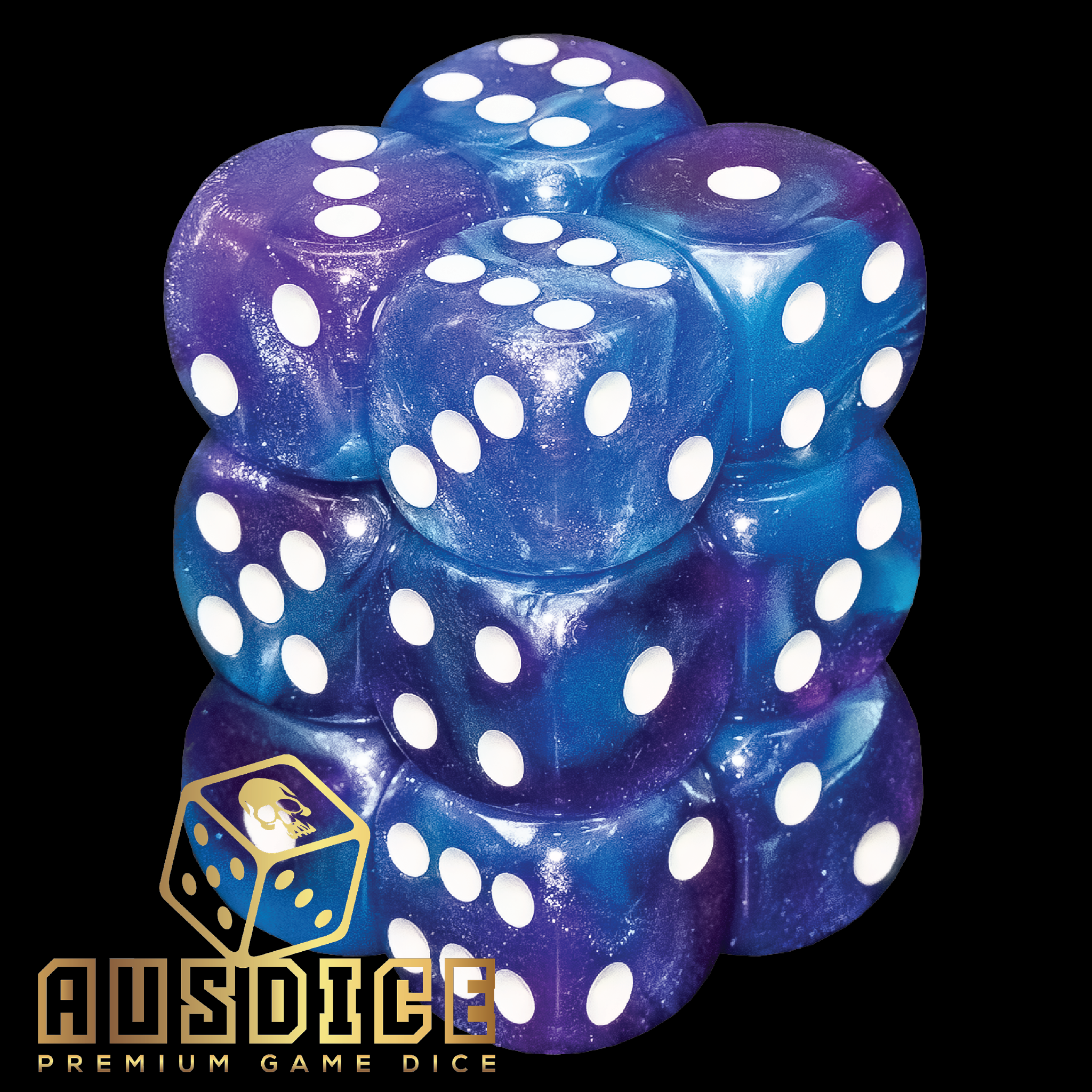 Ausdice D6 16mm Iridescent Blue 12-Dice Set